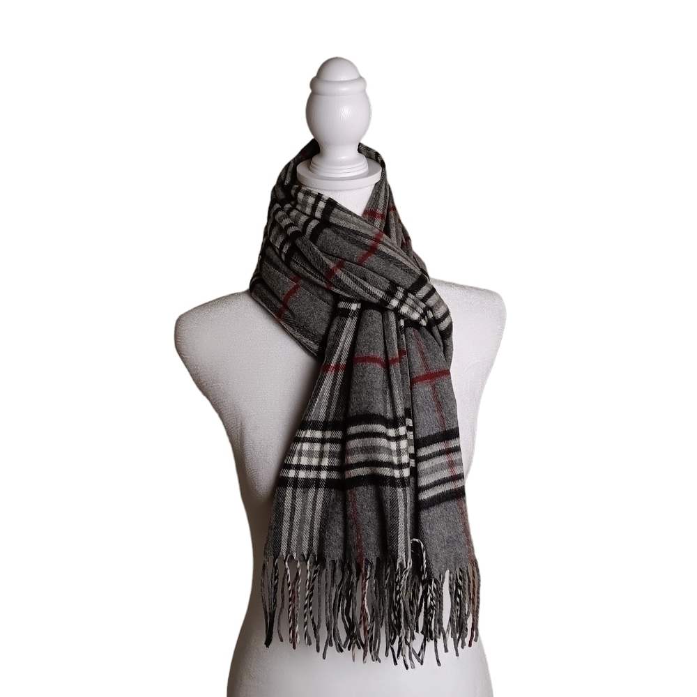 V. FRAAS 100% Acrylic Gray, Black And Red Plaid Scarf With Fringe